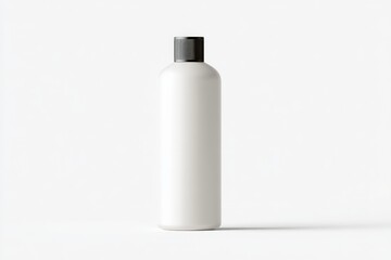 Blank white bottle with black cap, ready for your product label design. Minimalist and clean aesthetic.