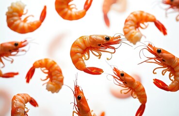 Boiled prawns floating in air, isolated against clean white background. Fresh cooked shrimp, appetizing seafood. Red orange prawns levitate, concept of healthy eating, culinary art, delicious