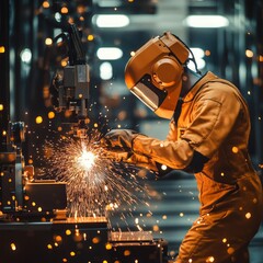Industrial worker operates automated metal-cutting machinery.
