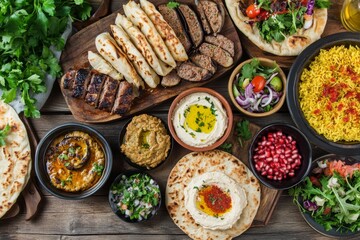 Mediterranean feast spread on a rustic table