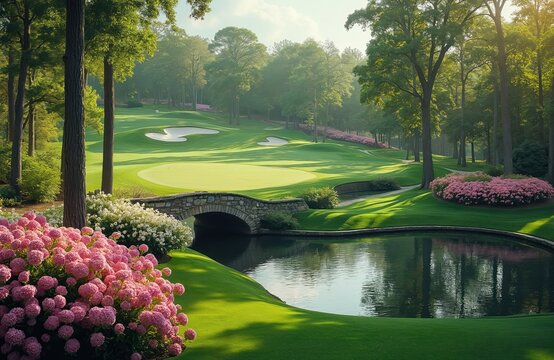 Scenic golf course with stone bridge over water. Pink and white flowers and green landscape. Beautiful day at golf club. Golf, sport, recreation concept, Augusta National Golf Club.