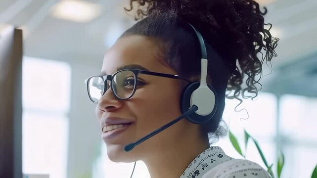 A joyful customer service agent, sporting glasses and a headset, works in a bright office. Her pleasant expression suggests a positive and helpful attitude towards assisting customers.