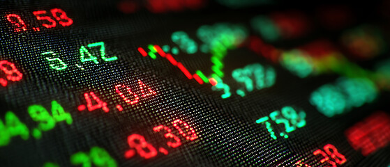 Close-up of a stock ticker displaying fluctuating numbers in red and green.
