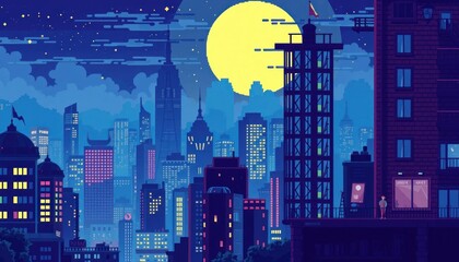 Obraz premium Pixelated urban panorama at dusk under a radiant moon, evoking nostalgia and digital aesthetic