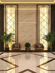 Elegant interior design of a modern lobby featuring stylish seating and decorative plants