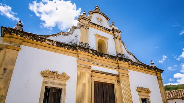 White Colonial Church with Yellow Trim Under Blue Sky with Puffy White Clouds and Black Iron Fence