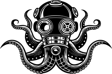 Naklejka premium octopus with a vintage diving helmet, combining marine life with steampunk elements sketch linocut vector