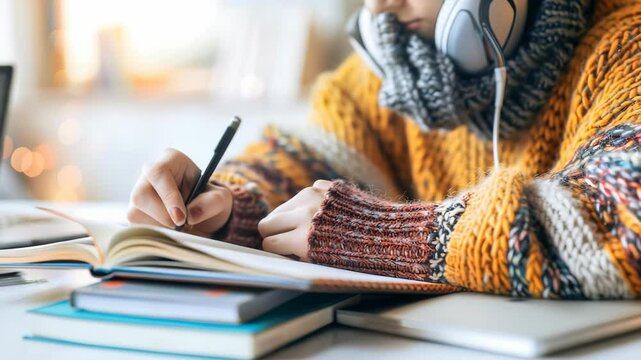 A student wearing headphones and a patterned sweater writes in a notebook, likely studying or journaling. A laptop and stacked books suggest a study setting, enhanced by natural light.