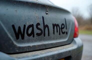 Dirty car with wash me message on rear window. Mud, dust cover vehicle surface. Request cleaning auto car detailing. Humorous concept, automotive tech, car care.