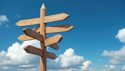 Wooden signpost against bright blue sky with white clouds. Signposts point different directions. Travel, journey concept, wayfinding, crossroads. Blank sign for text. Decision making, choice.