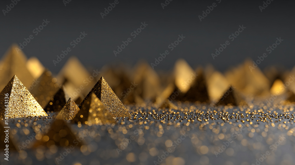 Poster golden pyramids on glittering surface, creating a luxurious and abstract scene, showcasing elegance 