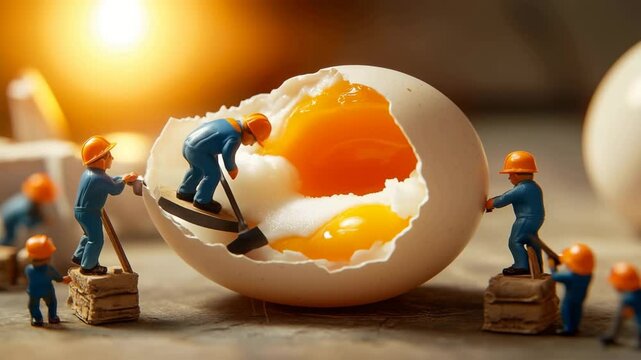 ミニチュア作業員が卵の黄身を工事するユニークなシーン