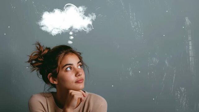Pensive young woman looking up with a thought bubble above her head, studio shot