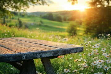 Naklejka premium Wooden table in a vibrant field of flowers during golden hour with sunlight illuminating the landscape and rolling hills in the background