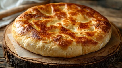 Close-up of Golden Bosnian Bread on Wood Highlighted with Soft Natural Light