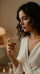 Fototapeta premium Elegant Brunette Woman Spritzing Fine Perfume Wearing White Robe in Soft Lighting Showcasing Beauty and Self-Care in a Spa-Like Ambiance for Luxurious Lifestyle