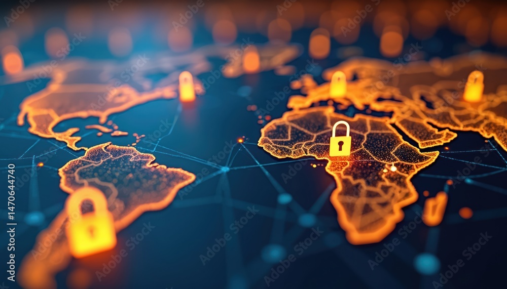Fototapete illustration of global cybersecurity map with glowing locks and network lines on a dark background. 