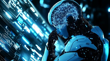 AI Robot Pondering Minimalistic Design of Thinking Robot shows AI and Technology Black Futuristic Robot Artificial Intelligence Philosophy in Modern Robotic Futuristic Artificial Intelligence Robot