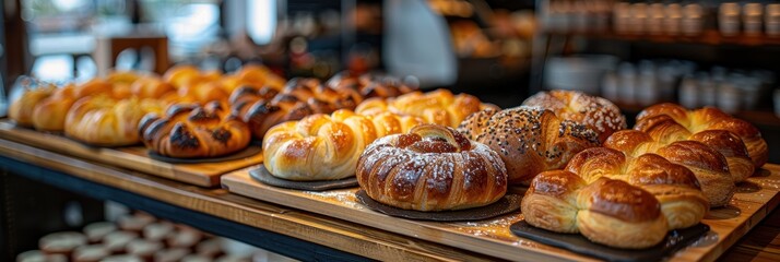 Artisan breads and sweet pastries on display, bakery shop offers fresh treats
