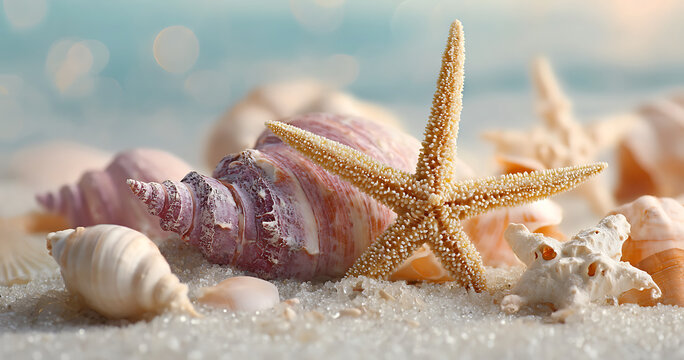 Close-up of a starfish and assorted seashells on the sandy shore, evoking coastal serenity.