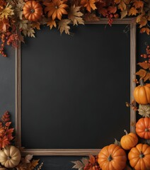 Fototapeta premium Elegant chalkboard frame with perfectly arranged pumpkins, simple fall leaves, and a touch of burlap , thanksgiving, decoration, burlap