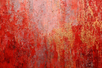 Vibrant Red Textured Abstract: A close-up of an artistic abstract painting showcasing a mix of textured red hues, gradients, and metallic accents, exuding a dynamic, captivating, and modern visual.