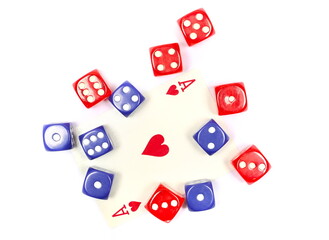 Blue and red gambling dice and ace of hearts card isolated on white background, top view	