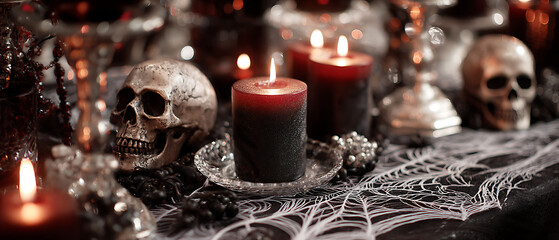 Elegant spooky decor featuring skulls and candles, perfect for Halloween ambiance.