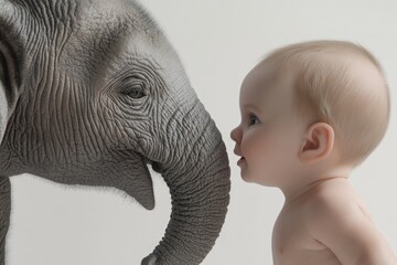 A tender moment captured between a baby and a gentle elephant, showcasing innocence and curiosity against a plain background.