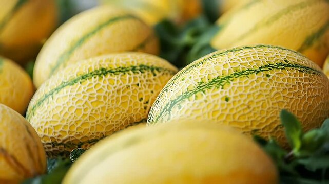 Closeup of Yellow Korean Melons with Green Stripes Artfully Arranged on Fresh Green Mint Leaves Under Bright Lighting