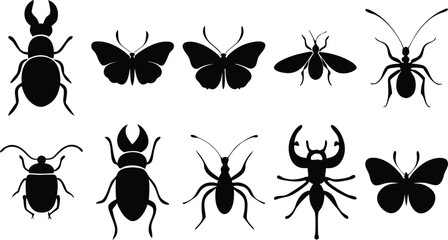 Silhouettes of Various Insects Including Beetles, Butterflies, and Ants