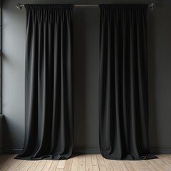 Elegant black curtains hang against dark wall. Soft draped fabric creates classic aesthetic. Home decor element enhances interior with touch of sophistication. Horizontal shot, modern style adds