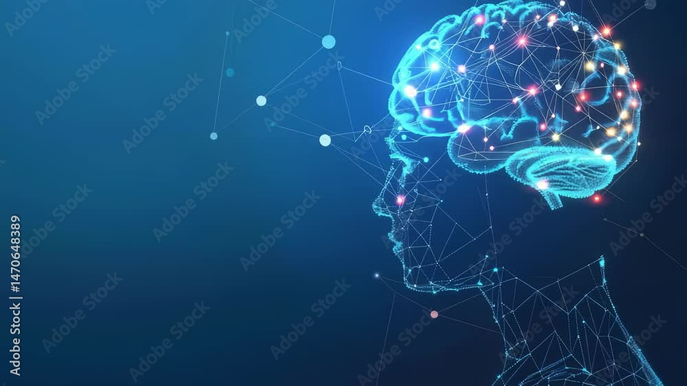 Poster an illustration of the human brain, head, and shoulders done in blue. digital connectivity is shown 