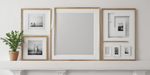 Elegant photo frame display; white wall, diverse frames, clean aesthetic,  template,  aesthetic
