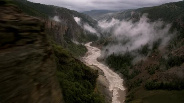 Motion blur captures a foggy mountain vista with evergreen forests and a grassy bluff in the foreground on an overcast day.