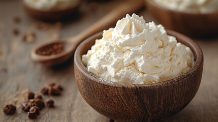 Close Up Of Whipped Cream In Wooden Bowl