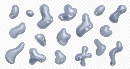 3d vector chrome holographic blobs and shapes. Y2K style. Set of silver, metallic fluid shapes isolated on transparent background