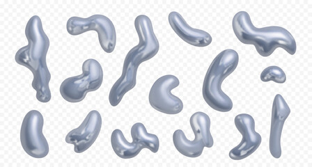 3d chrome holographic shapes. Y2K style. Vector illustration. Set of realistic metal liquid shapes isolated on transparent background