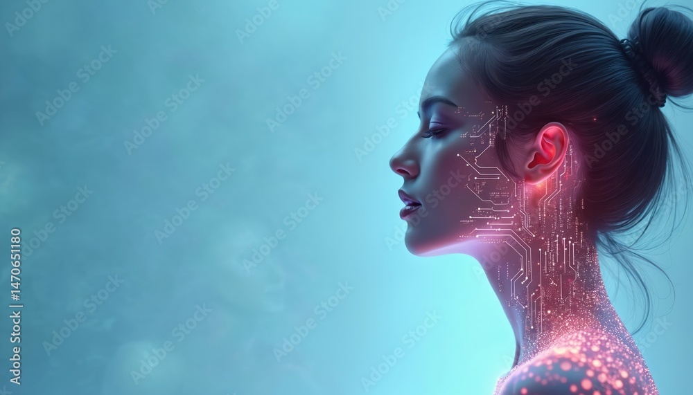 Aufkleber digital transformation concept illustration. woman profile, circuit board patterns on face and neck,