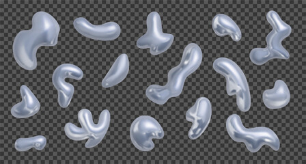 Realistic metal, chrome holographic design elements. Vector illustration. Set of 3d silver colored shapes isolated on dark transparent background