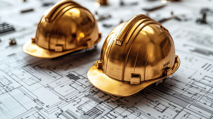 Gold hard hats on blueprints
