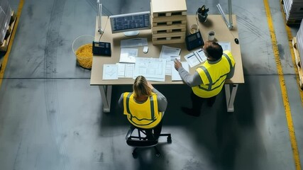 Overhead view of two people working at a desk in a warehouse environment. They're reviewing plans with a computer and paperwork in a large industrial area.