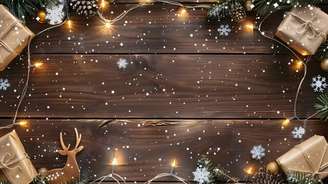 Holiday composition on dark wooden surface with gift boxes, ornaments, pine cones, , string lights creating festive border. Digital snow adds magical feel, making it ideal for holiday promotions.