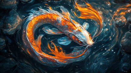 Orange dragon swimming in darkness