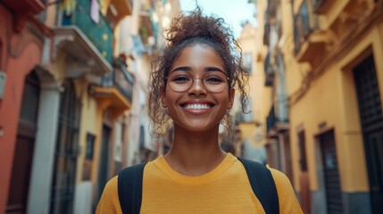 A cheerful young woman smiles warmly in a city alleyway.