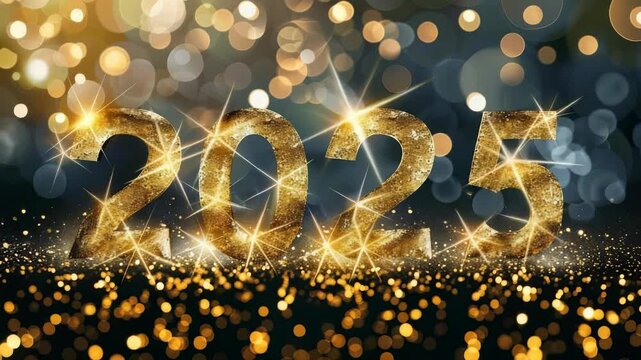 Festive golden numbers stand out against blurred background lights, suggesting a season of celebrations and new beginnings. The image is vibrant and eye catching with bokeh in the background.