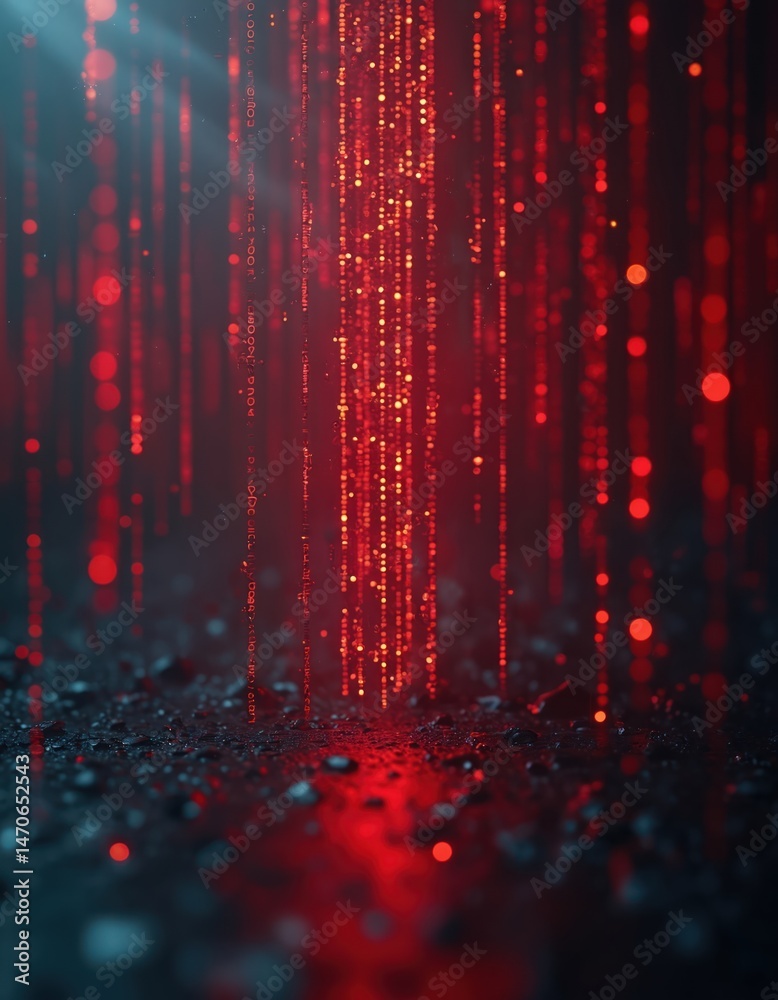 Aufkleber Red binary code rain digital abstract art. Data stream, innovation tech background. Futuristic concept digital transformation, modern cyberspace, network security, computer programming information.