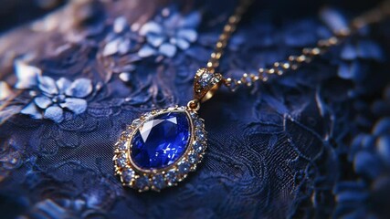 Elegant gold necklace featuring a stunning blue gemstone on a textured lace background. - Powered by Adobe