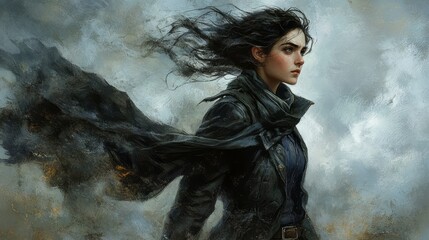Fototapeta premium A female figure in a dark cloak, caught in a dramatic wind.