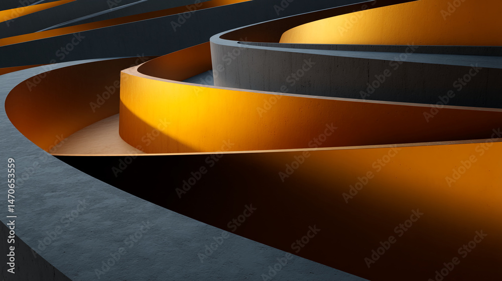 Aufkleber Abstract image of curved gray and gold forms creating a dynamic, architectural design showcasing free space for text or product display